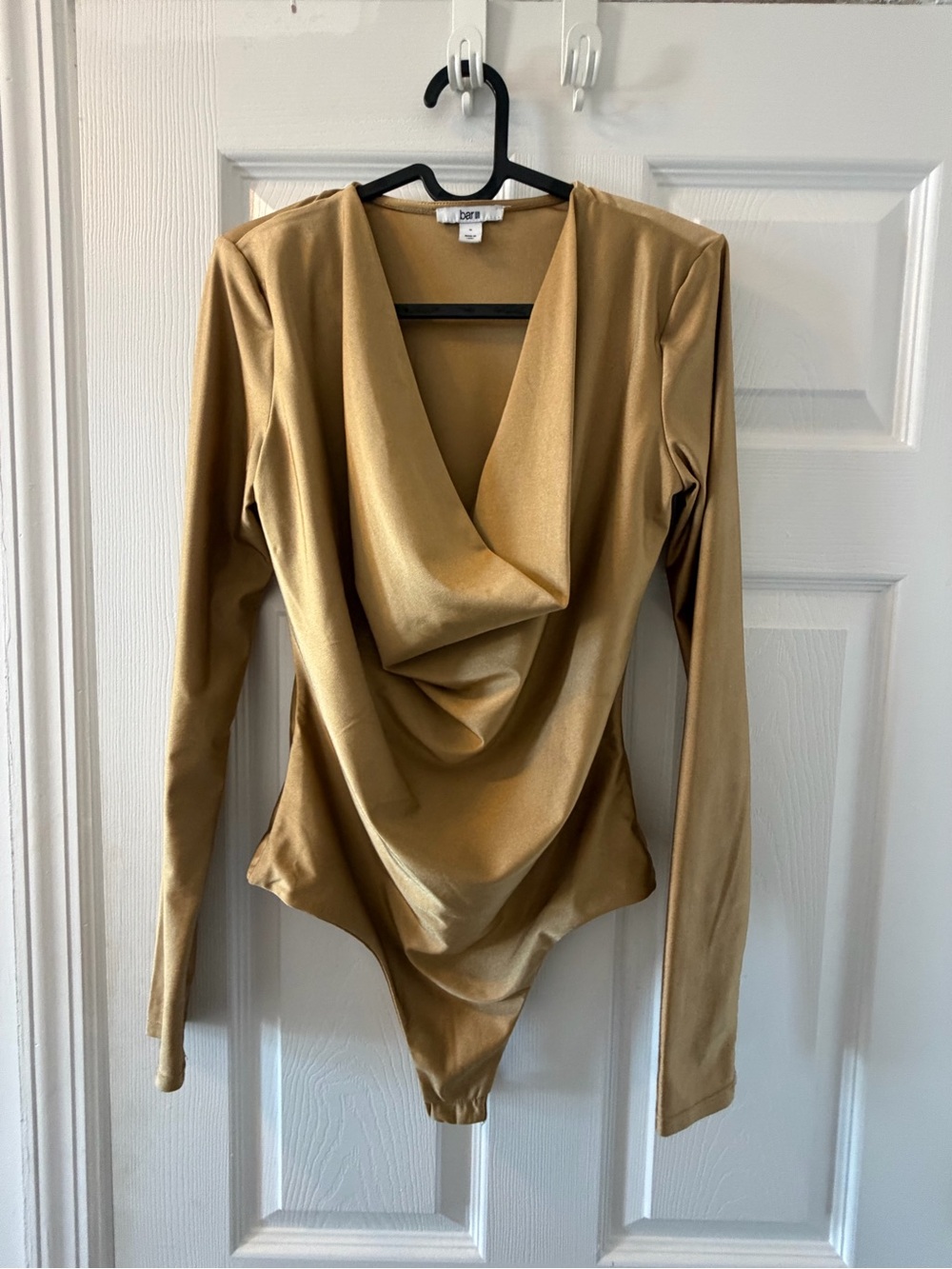 Bar III Gold Drape Front Long-Sleeve Bodysuit